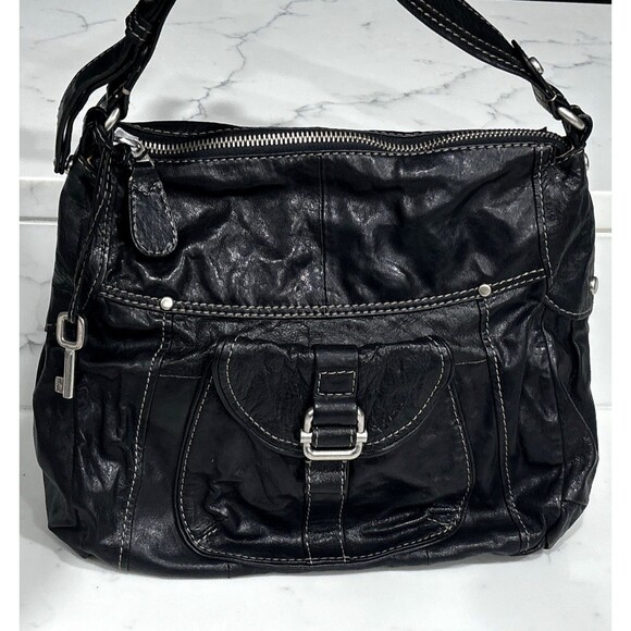 Fossil Leather Shoulder Bag Black Contrast Stitch Buckle Pocket Key Fob Retro - Picture 1 of 13